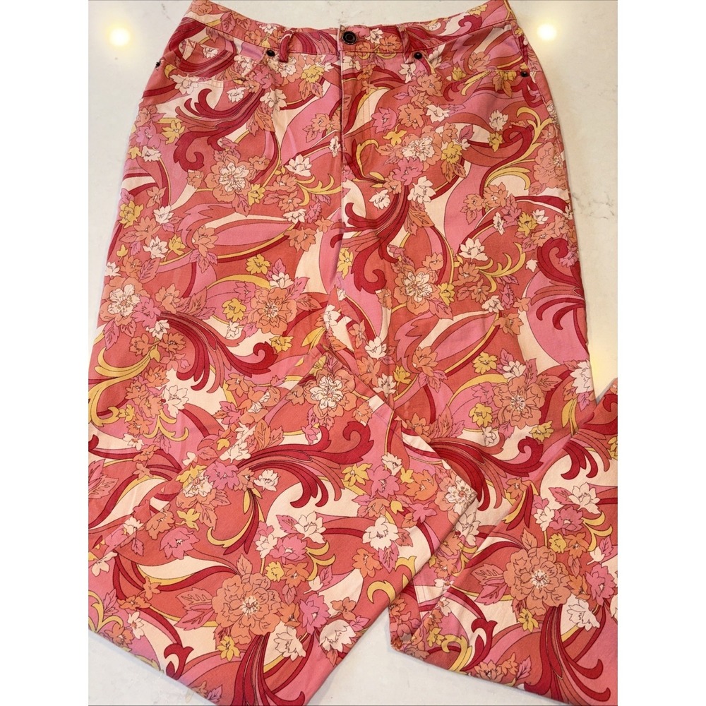 Talbots Womens 10 Pink Paisley Retro Floral Canvas Cotton Pants Jeans Straight